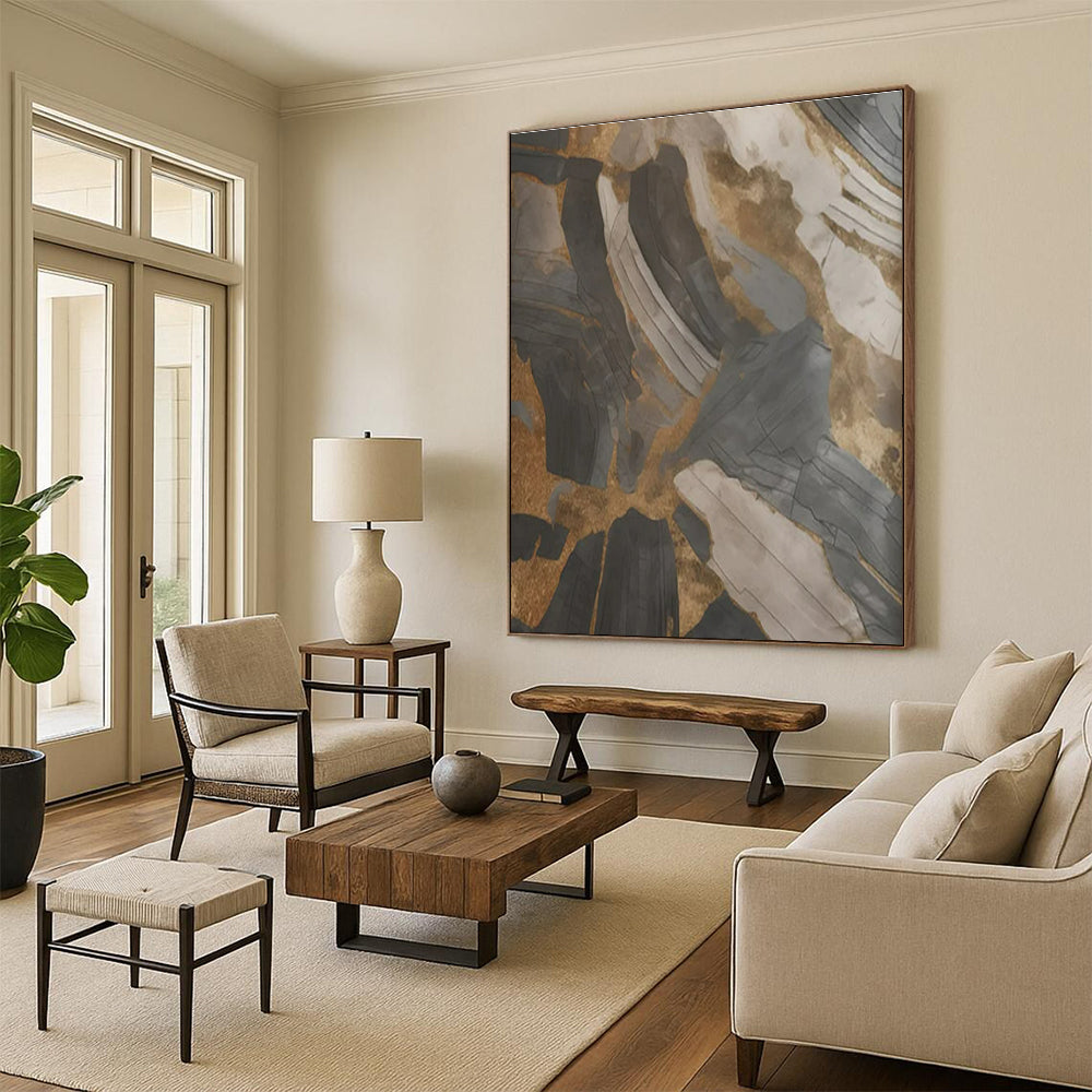 Gray, Gold & Black Abstract Shards "Urban Relic" Painting On Canvas PS0849