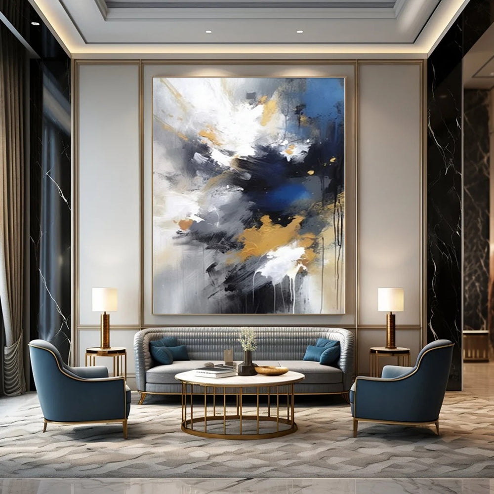 Blue, Gold, and Gray Explosion - Dynamic Abstract Painting On Canvas PS1253