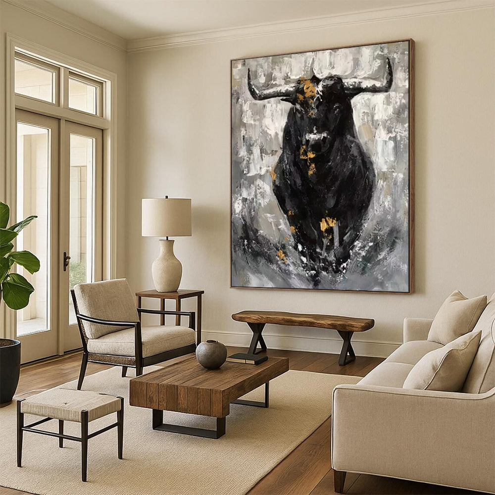 “Black - White - Gold Bull Portrait” - Expressionist Bull Painting On Canvas PT1971