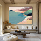 “Pastel Coastal Hills” - Blue, Pink & Beige Landscape, Minimalist Oil Painting On Canvas DKS741