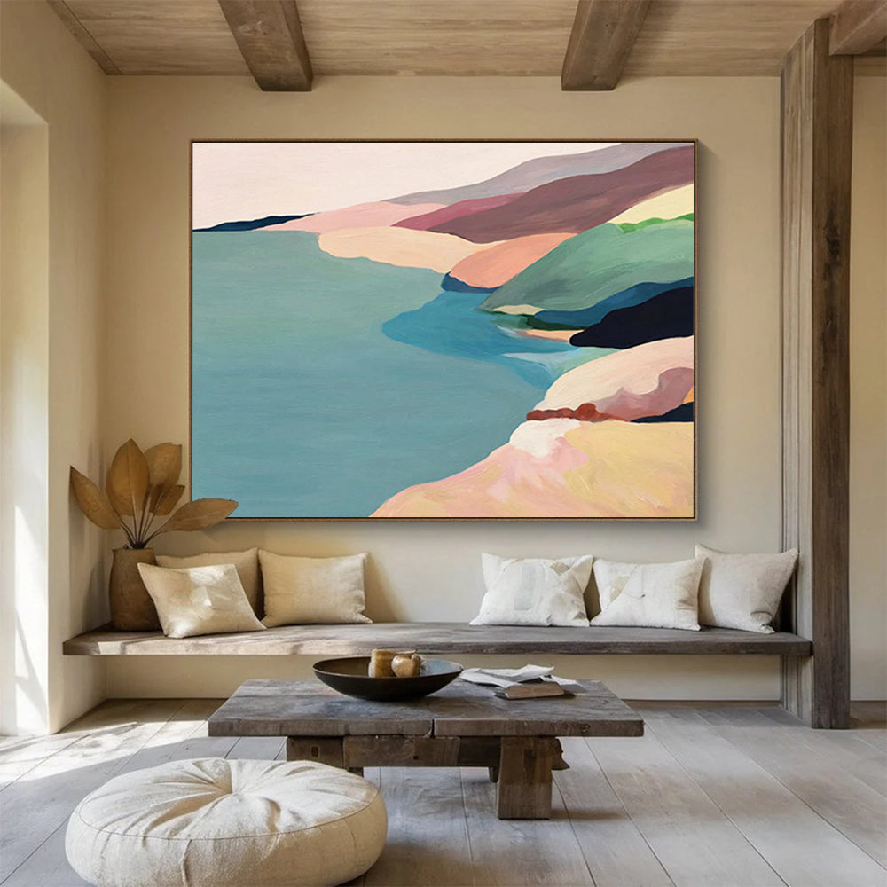 “Pastel Coastal Hills” - Blue, Pink & Beige Landscape, Minimalist Oil Painting On Canvas DKS741