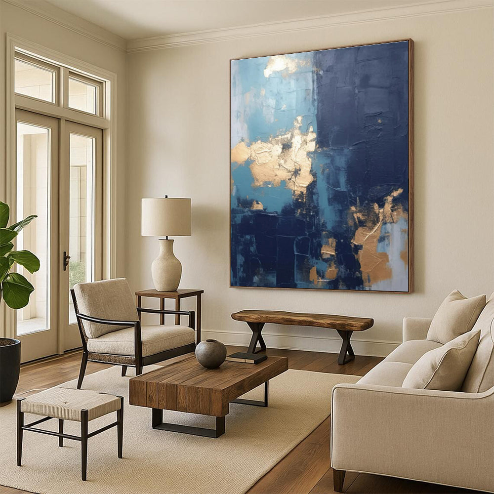 “Teal - Navy - Gold Abstract Textured Splashes” Painting On Canvas PS0837