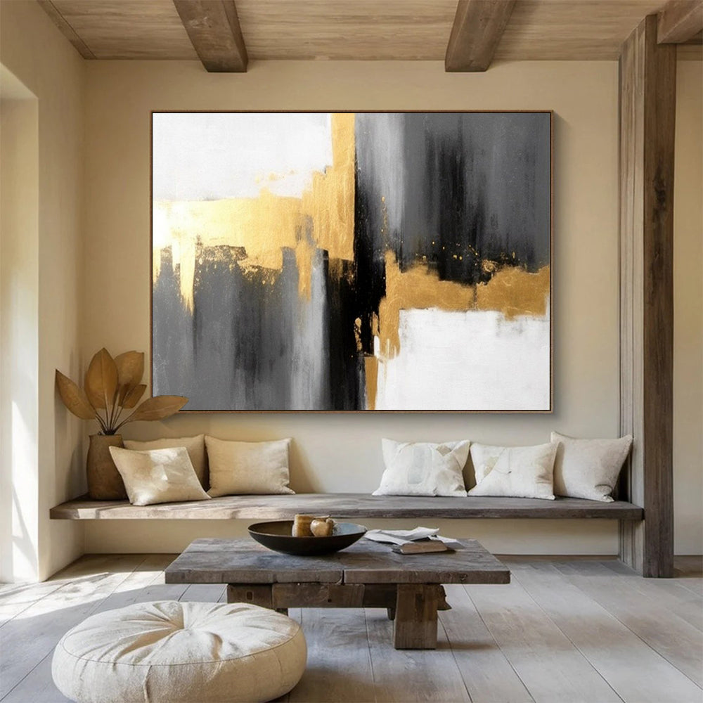 “Gray - Gold Abstract Blocks” - Metallic Accents “Urban Gleam” Painting On Canvas PT1648