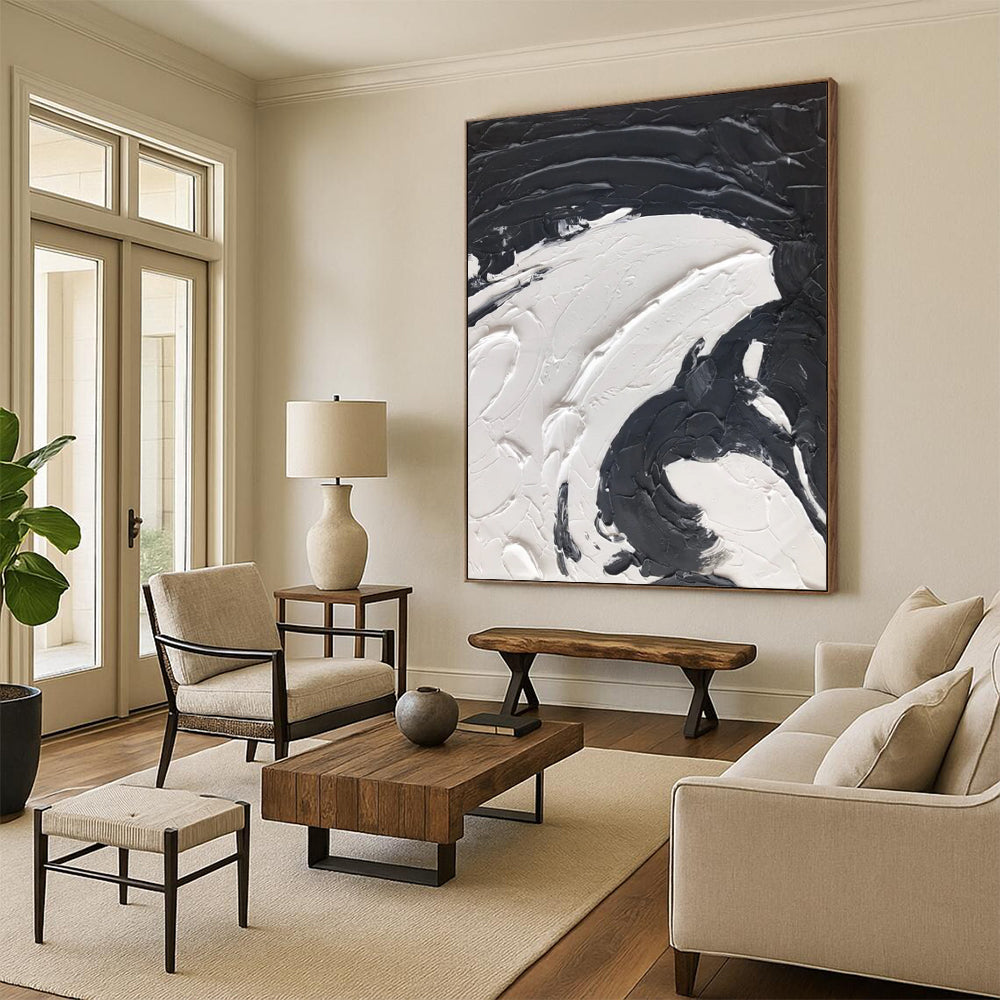 “Textured Swirls: Black and White Abstract” - Tactile Abstract Painting On Canvas DS393