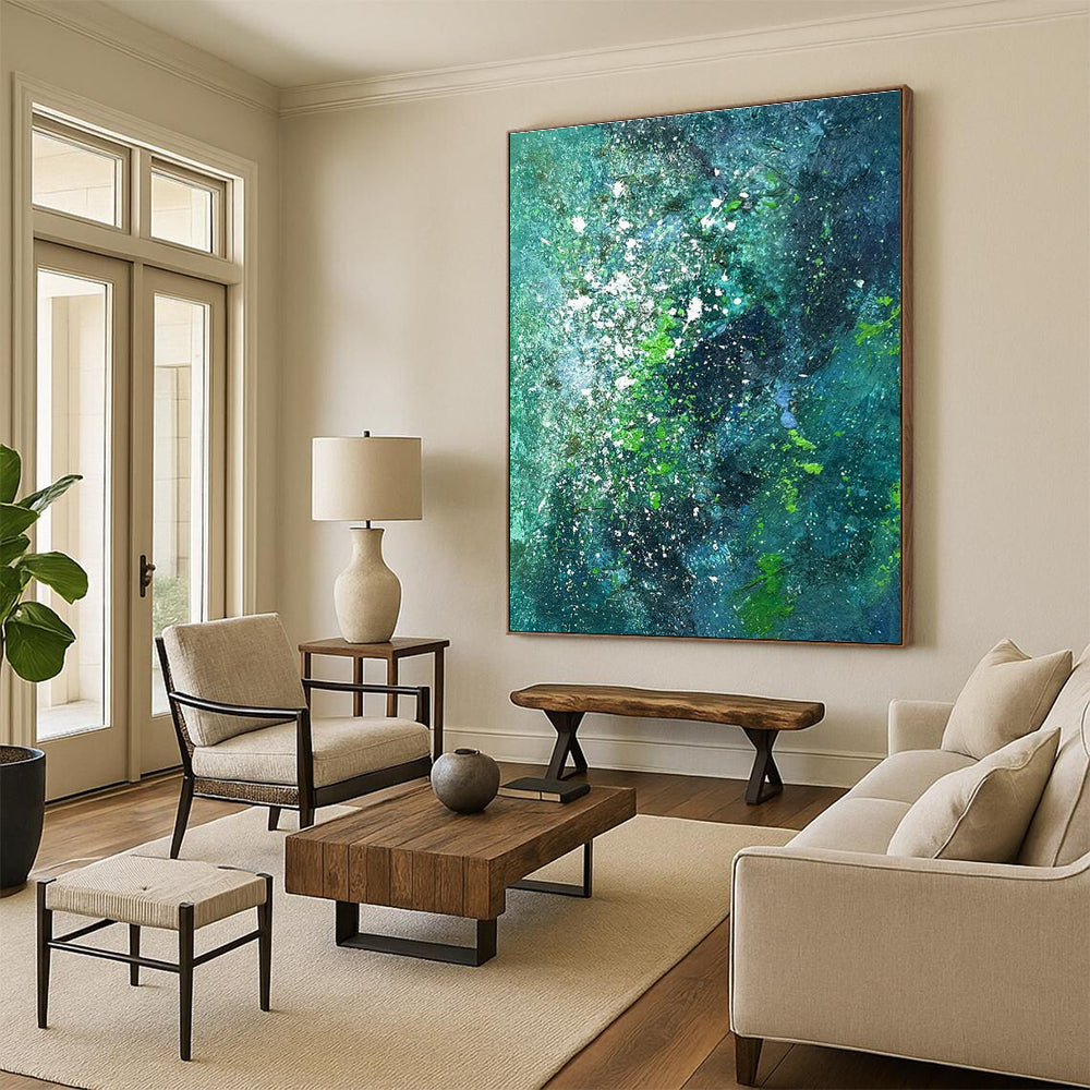“Teal - Green Splatter Galaxy” - Teal, Green, White Abstract Expressionist Painting On Canvas PS0717