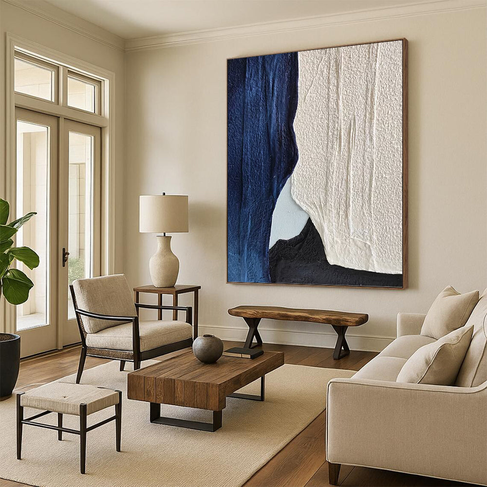 “Blue, White, and Black Textured Layers” - Abstract, Minimalist - Toned Painting On Canvas PT1547