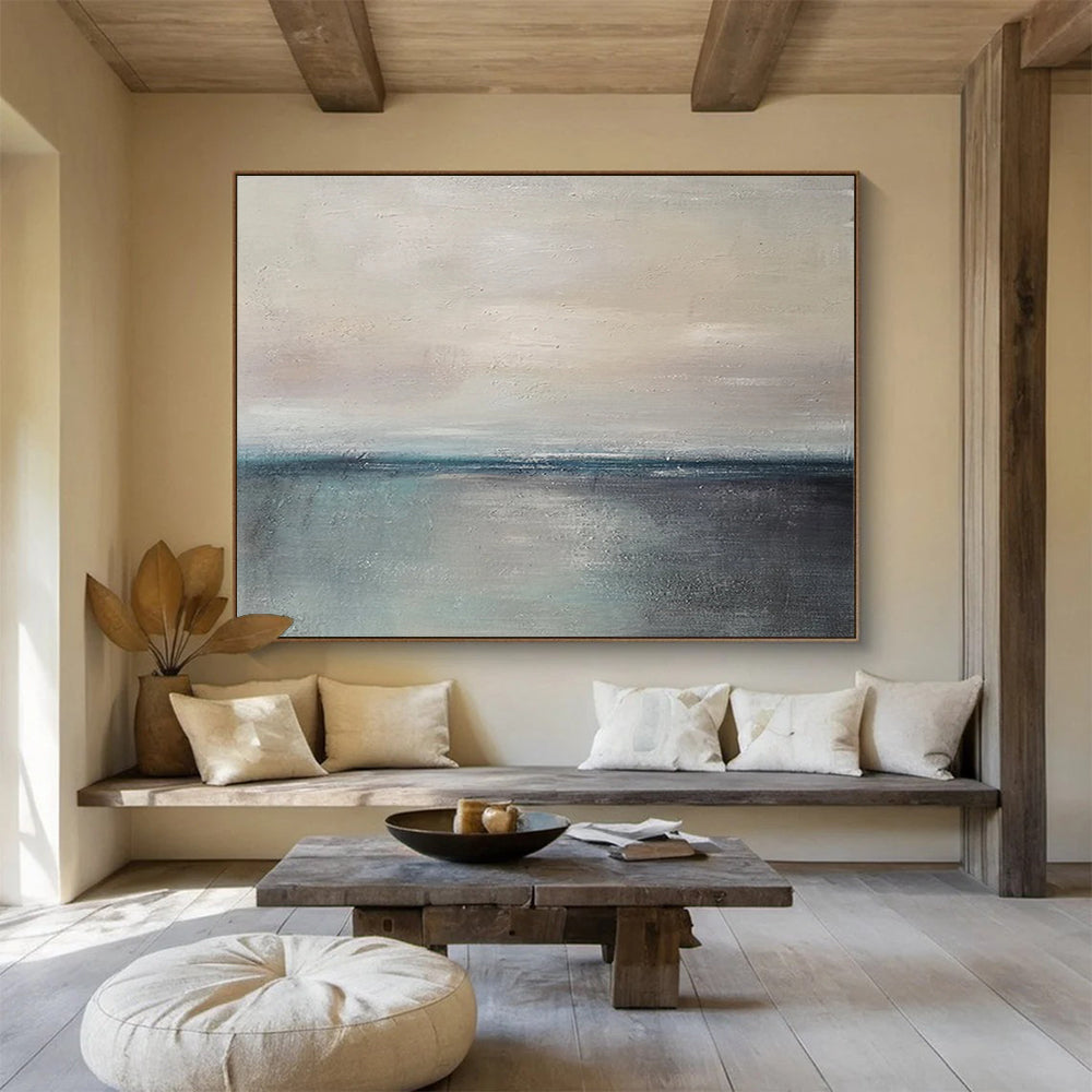 “Soft Coastal Horizon in Neutrals and Blues” - Minimalist Seascape Oil Painting On Canvas PT028