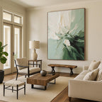 “Green - White Floral Impasto” - Green, White, Black Abstract Floral Painting On Canvas PS0624