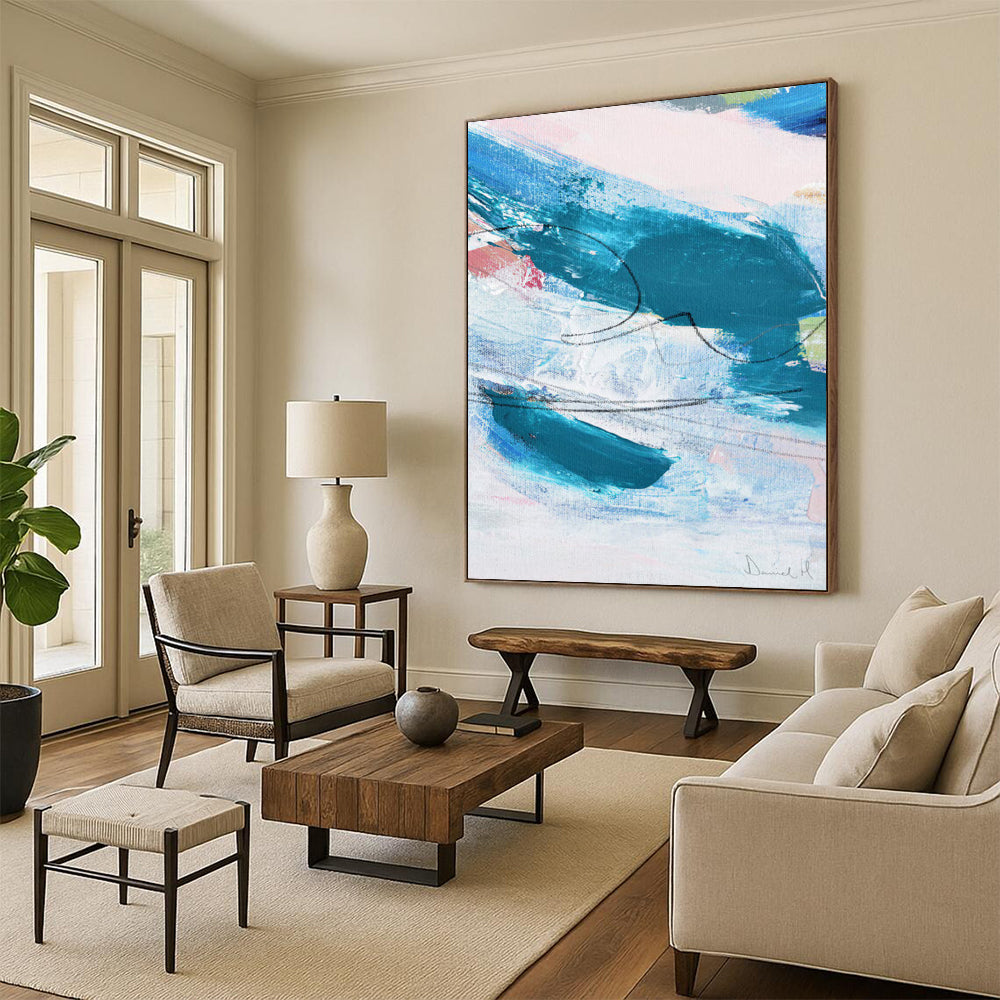 “Blue - Swirl Abstract” - Dynamic Blue Strokes & Black Lines Painting On Canvas DS151