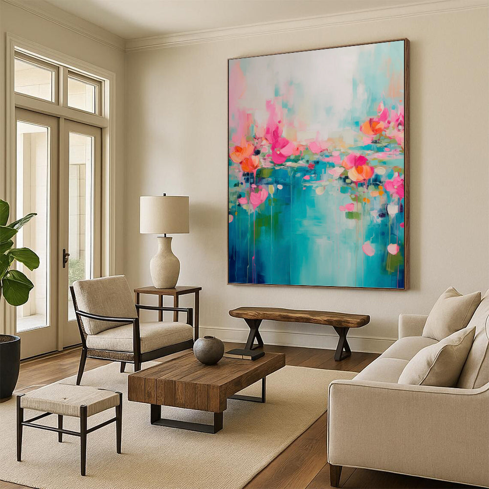 “Pink, Orange, and Blue Floral Abstract” - Impressionistic Flower Painting On Canvas PT0993