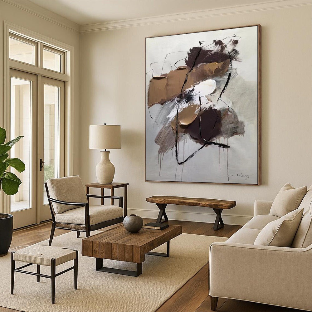 Brown - Black - White Abstract Composition, Influenced by Franz Kline's Style, Painting On Canvas PT2084