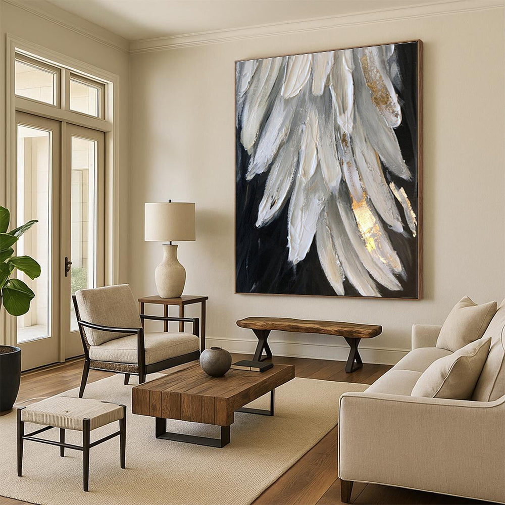 “White & Gold Feather Textures” - Textured Abstract Painting On Canvas PS0431