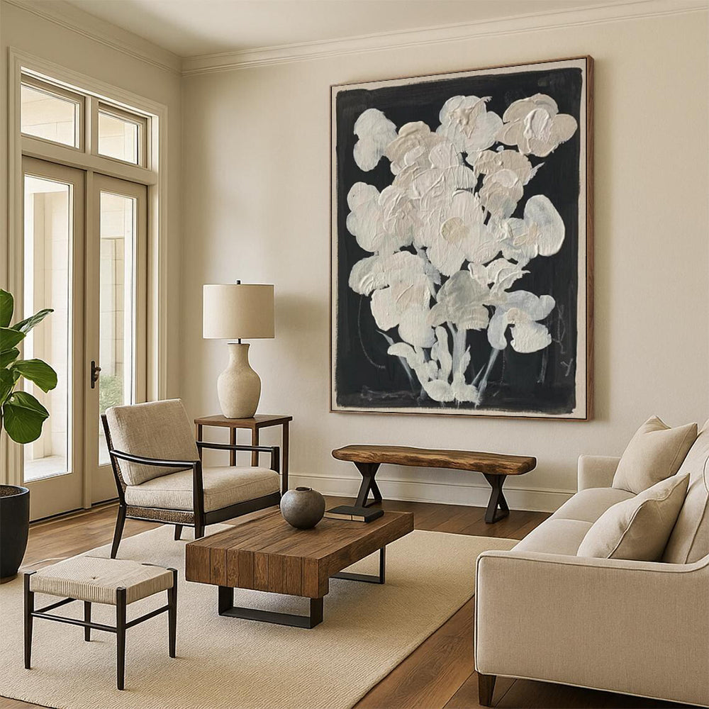 “White Blooms” - Minimalist Floral Textures on Black Painting On Canvas DS140