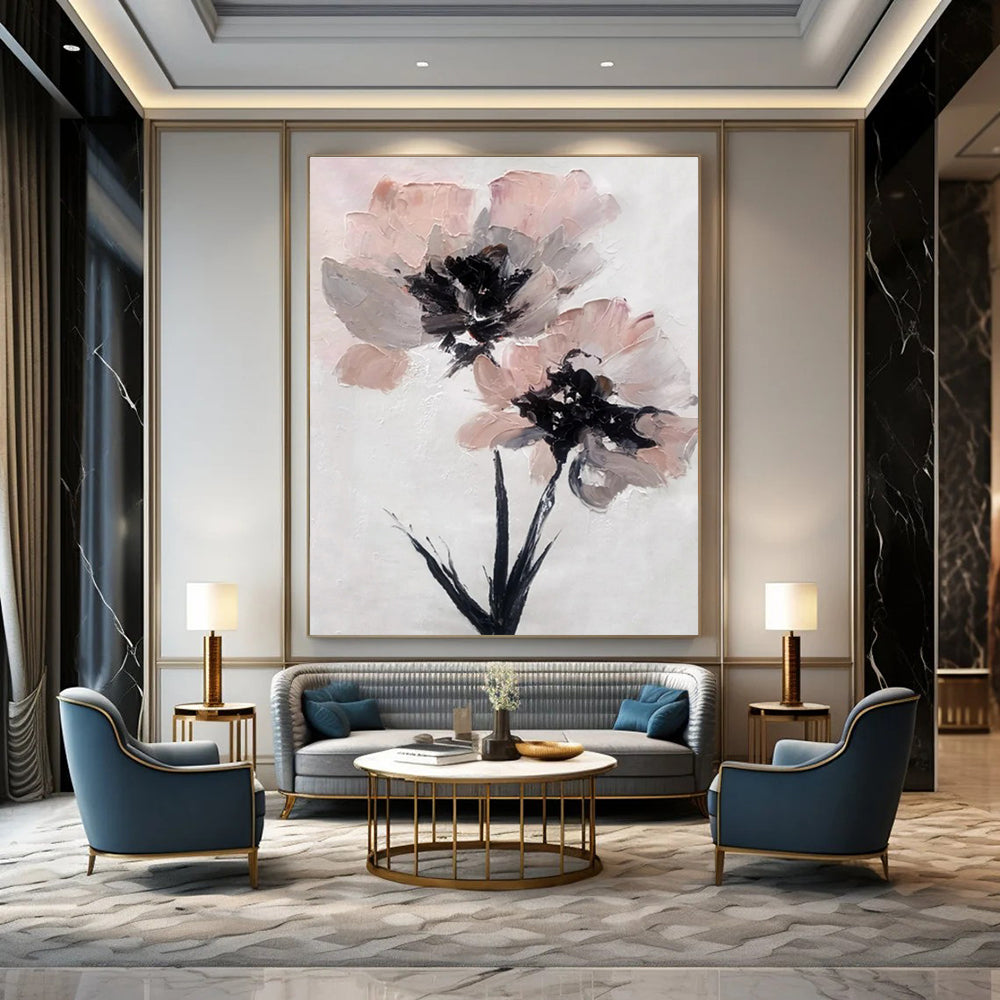 White, Pink, Gray, Black with Floral Forms "Textured Blooms" Abstract Painting On Canvas PS1428