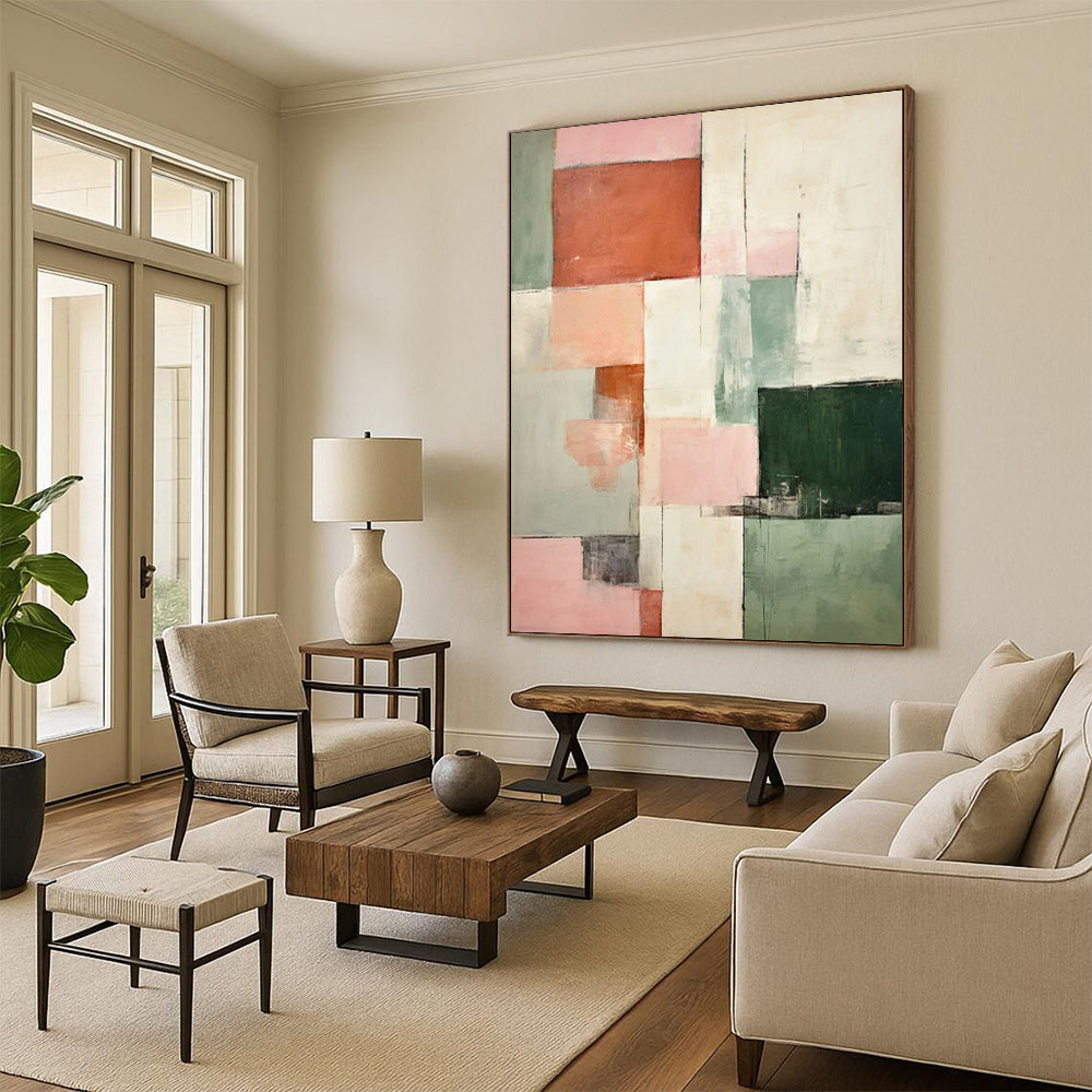 “Pink - Green Cubist Abstract” - Soft Cubist Abstract Painting On Canvas PT2299