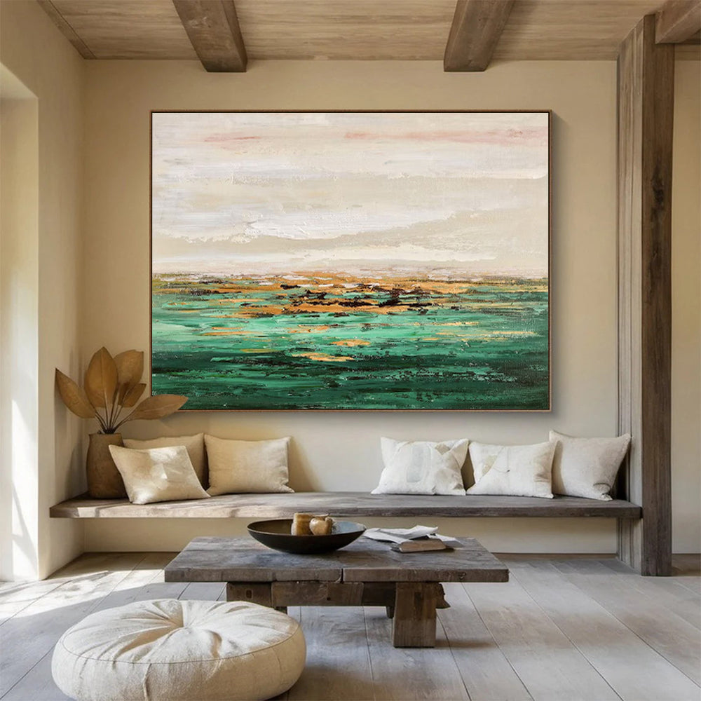 Teal Gold Repeat: Teal, Gold & Beige Abstract Landscape Painting for Coastal Villa & Relaxation Lounge DKS648