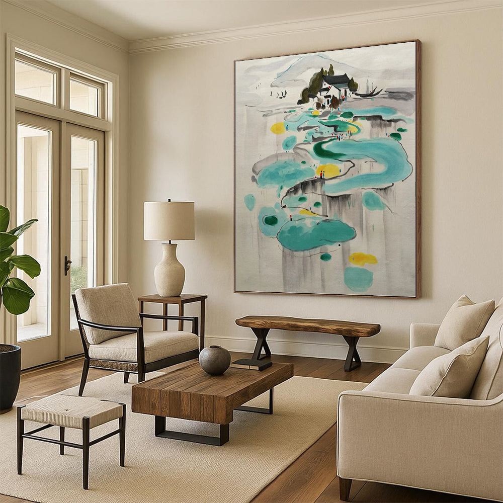 “Ink - Wash Abstract Village” - Sumi - E, Serene - Styled Painting On Canvas PT1584