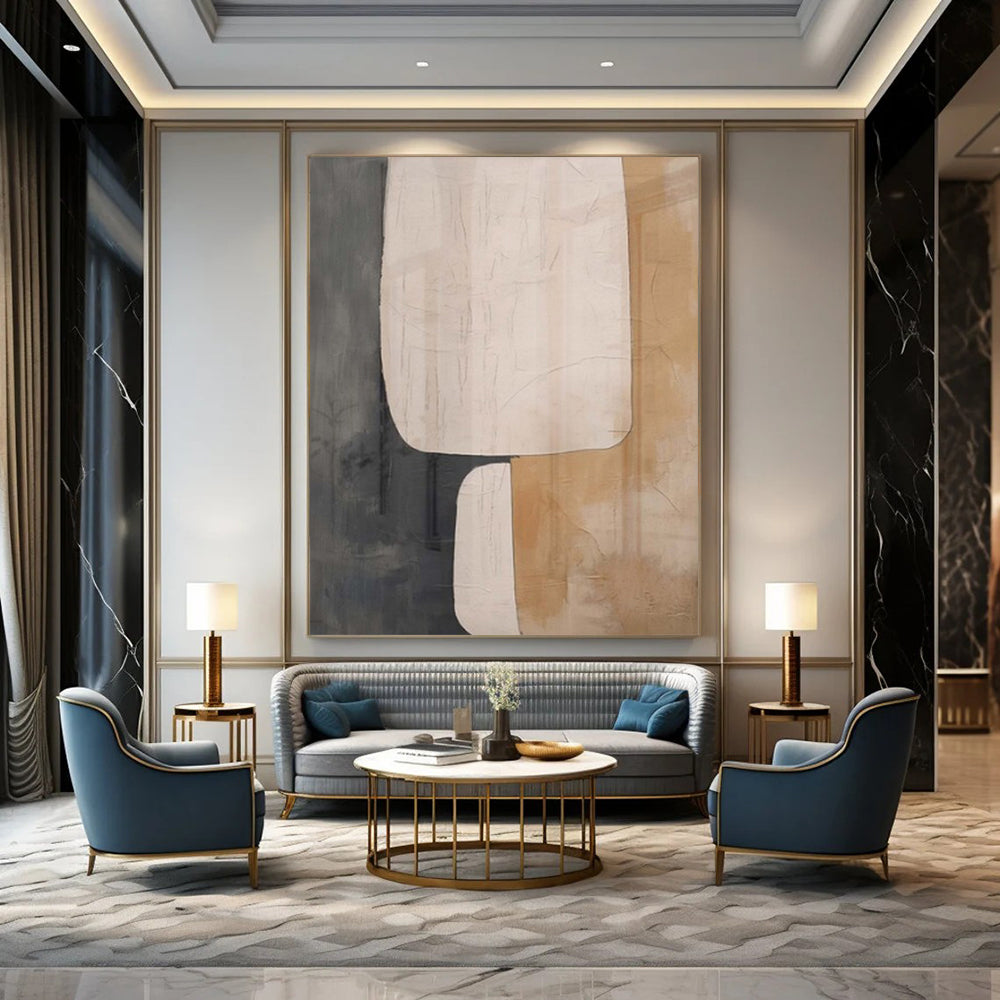 Gray, Beige, and White Shapes "Soft Structure" Abstract Geometric Painting On Canvas PS1047