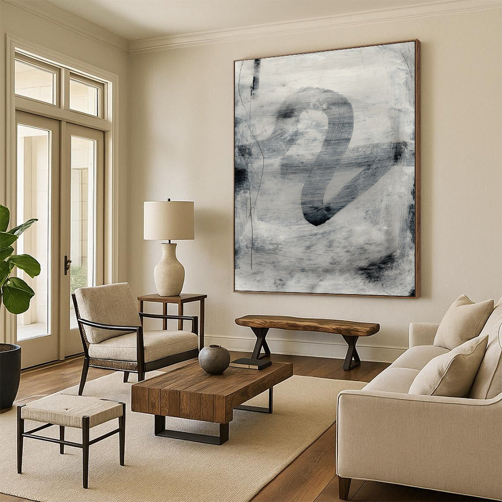 “Monochrome Abstract Flow” - Black & White Dynamic Forms Painting On Canvas DS189