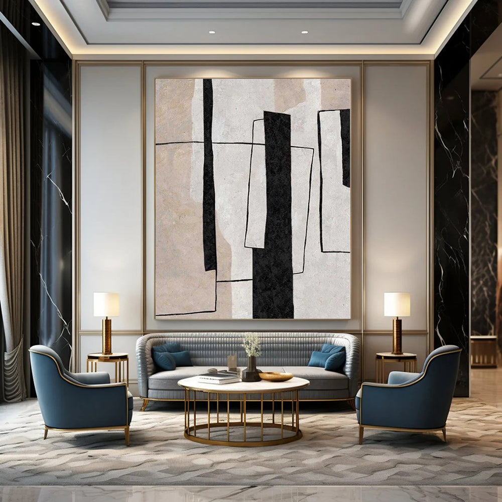 Beige, White and Black Geometric "Urban Structure" Architectural Abstract Painting On Canvas PS1103