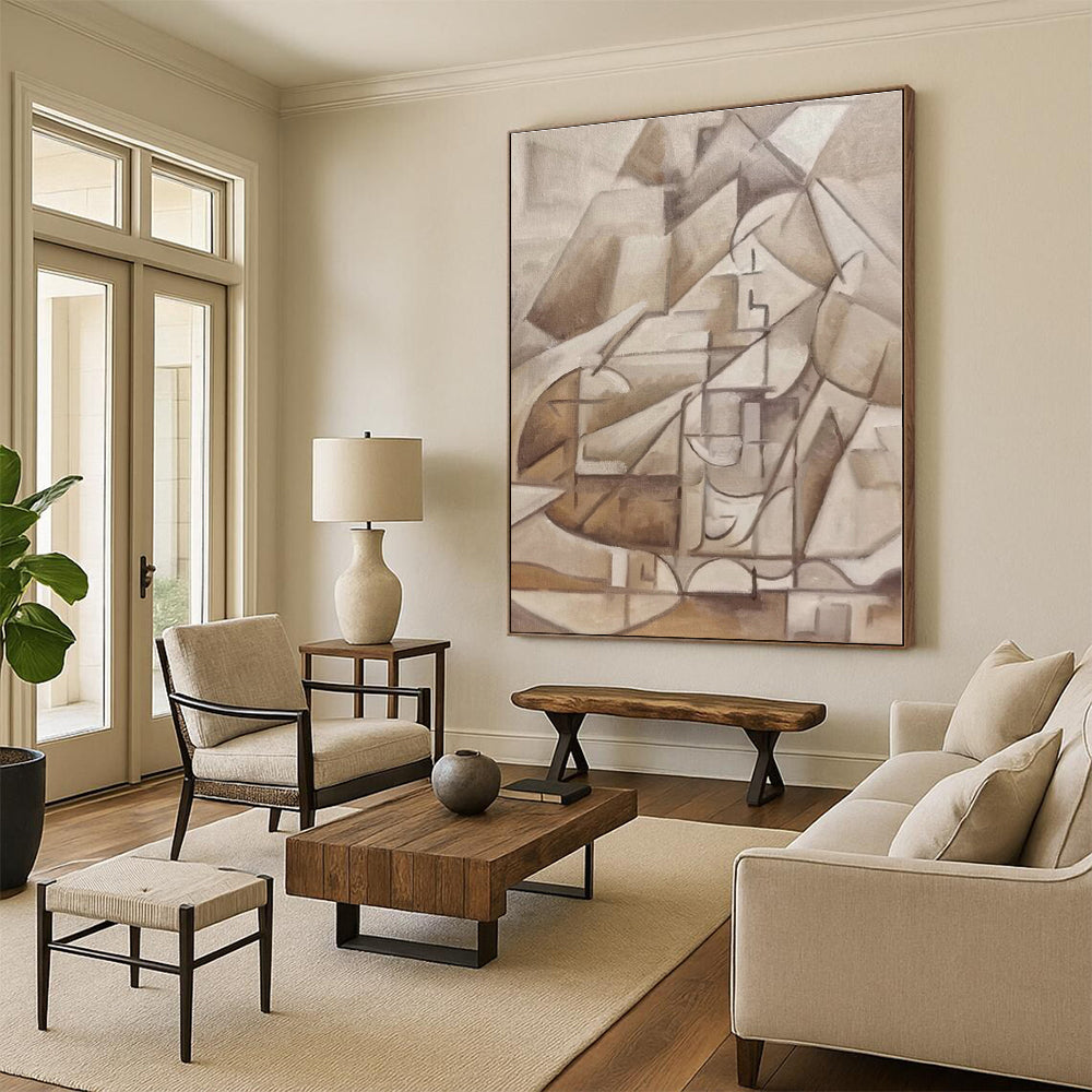 “Brown Cubist Structure” - Brown, Beige Cubist Abstract Painting On Canvas PS0400