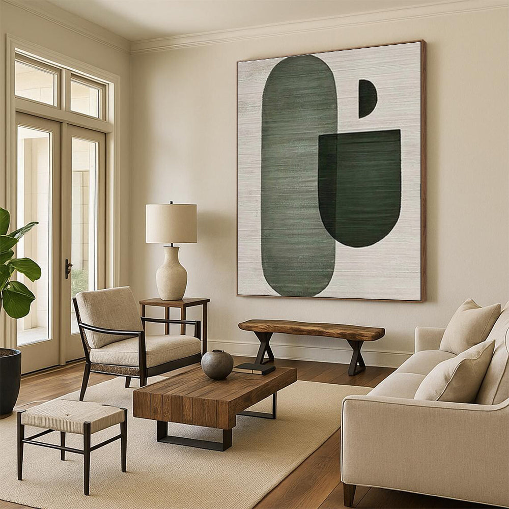 “Green - Gray Geometric Forms” - Green, Gray Abstract Geometric Painting On Canvas PS0675