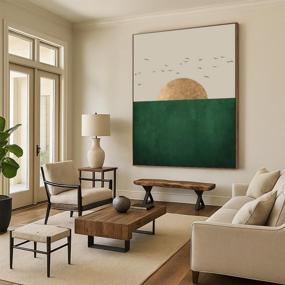 “Minimalist Sun, Sea, and Birds” - Minimalist Landscape Painting On Canvas PT1921