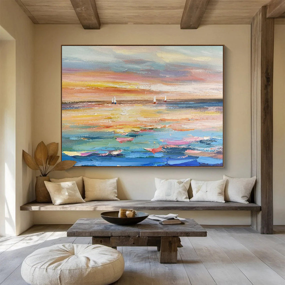 “Sailboats at Sunset” - Impressionist Seascape - Painting On Canvas PT1745