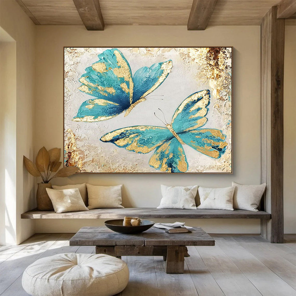 “Blue - Gold Butterfly Duet” - Blue, Gold & White Floral, Decorative Oil Painting On Canvas DKS734