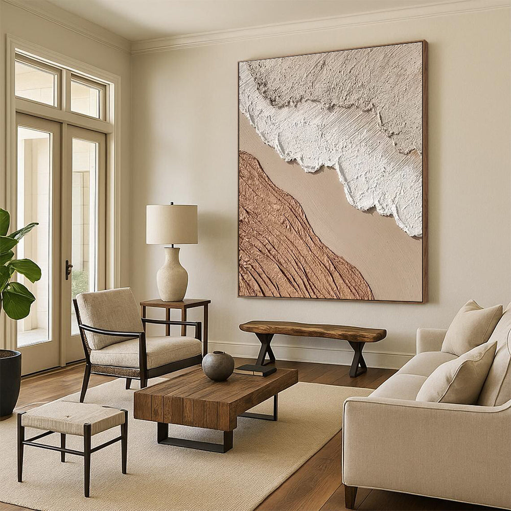 “Textured Earth Layers” - Beige, Brown, White Abstract Landscape Painting On Canvas PS0673