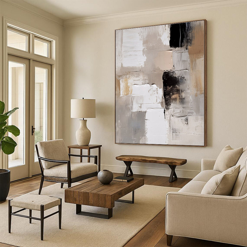 “Neutral - Black Textured Abstract” - Beige, Gray, White, Black Textured Abstract Painting On Canvas PS0442