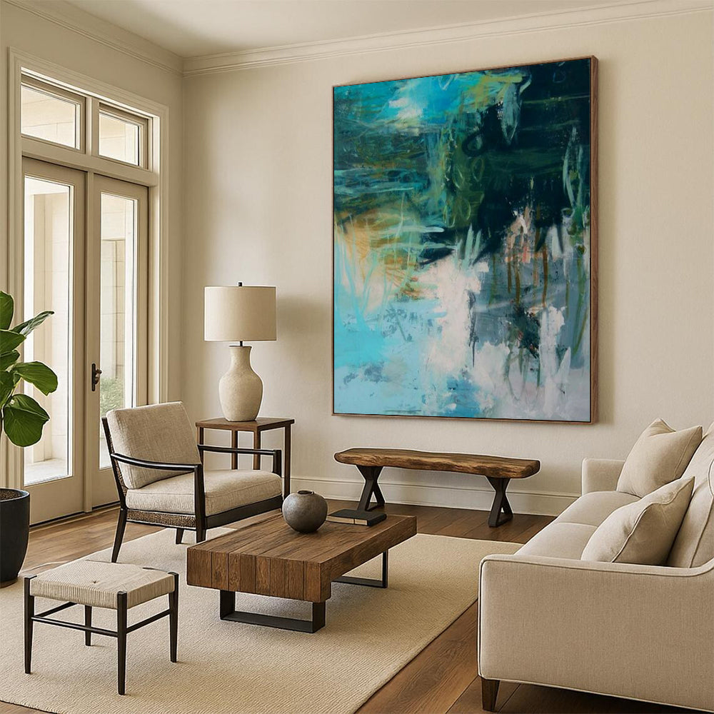 “Teal and Green Abstract” - Expressionist Abstract Painting On Canvas PT2286