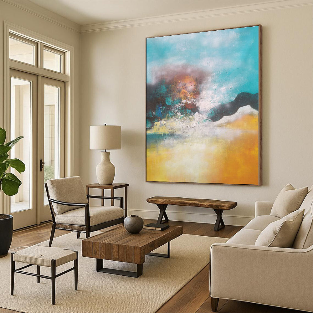 “Turquoise - Yellow Abstract Landscape” - Turquoise, Yellow, Brown Abstract Painting On Canvas PS0474