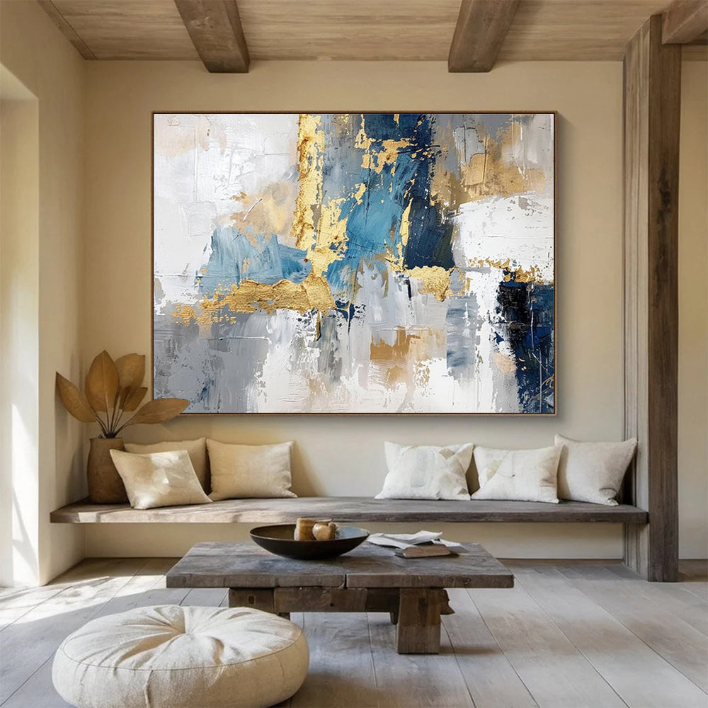 Blue - Gray Abstract with Gold Accents - Luxe Modern Painting On Canvas DKS344