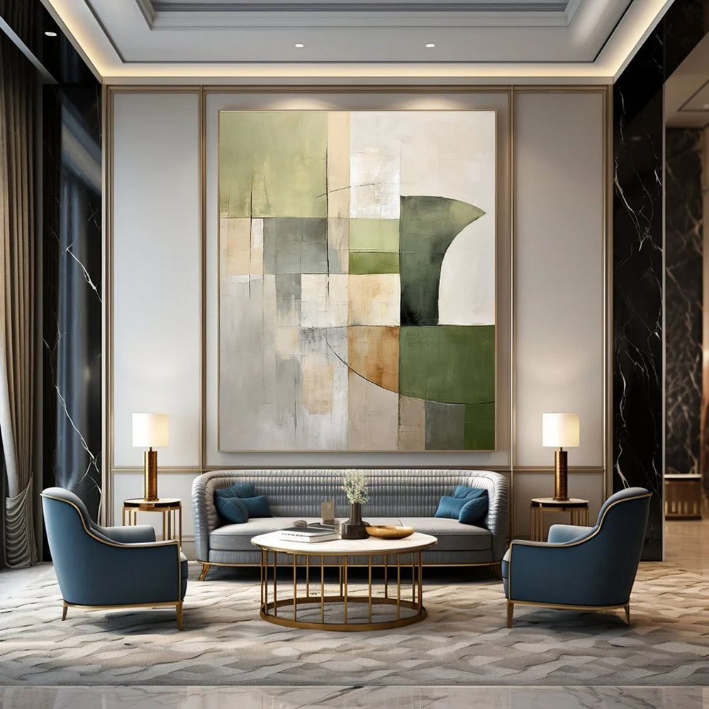 Green, Beige, Gray with Geometric Mix "Balanced Nature" Abstract Painting On Canvas PS1458