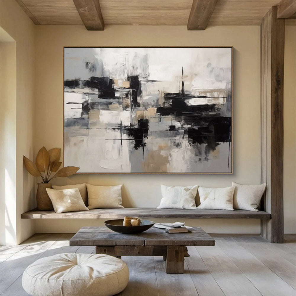 Monochrome Abstract Blocks - Modern Abstract Painting On Canvas DKS335