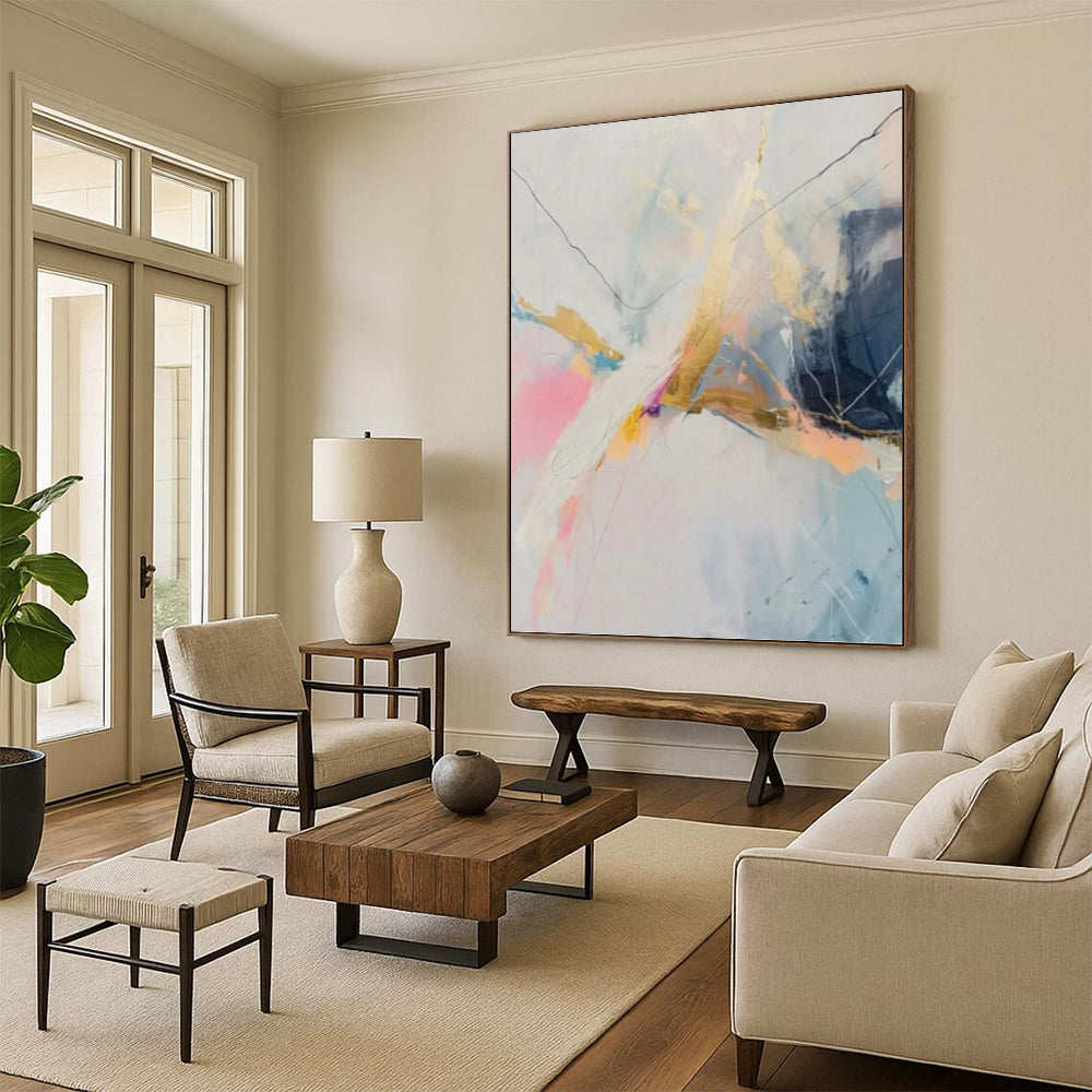 “Pastel and Gold Abstract” - Expressive Line Painting On Canvas PT0995