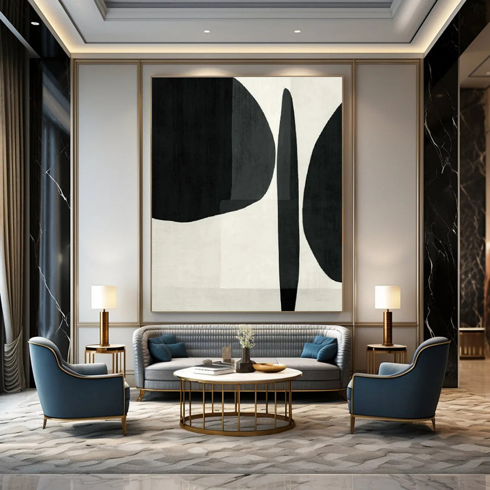Black, White with Bold Shapes "Graphic Simplicity" Abstract Painting On Canvas PS1447