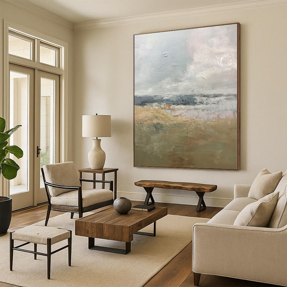 “Soft Grey - Beige - Blue Abstract Landscape” - Serene Abstract Painting On Canvas PS0308