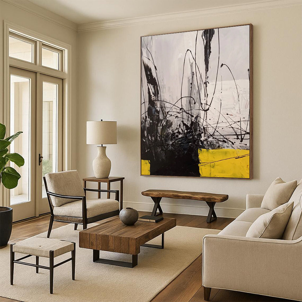 Black - White - Yellow Dynamic Lines Abstract Expressionist Painting On Canvas DS053
