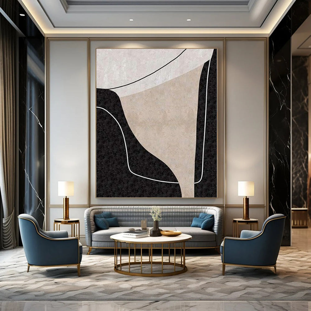 Beige, Black and White with Interconnected Curves "Linked Serenity" Abstract Painting On Canvas PS1105