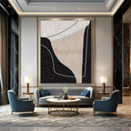 Beige, Black and White with Interconnected Curves "Linked Serenity" Abstract Painting On Canvas PS1105