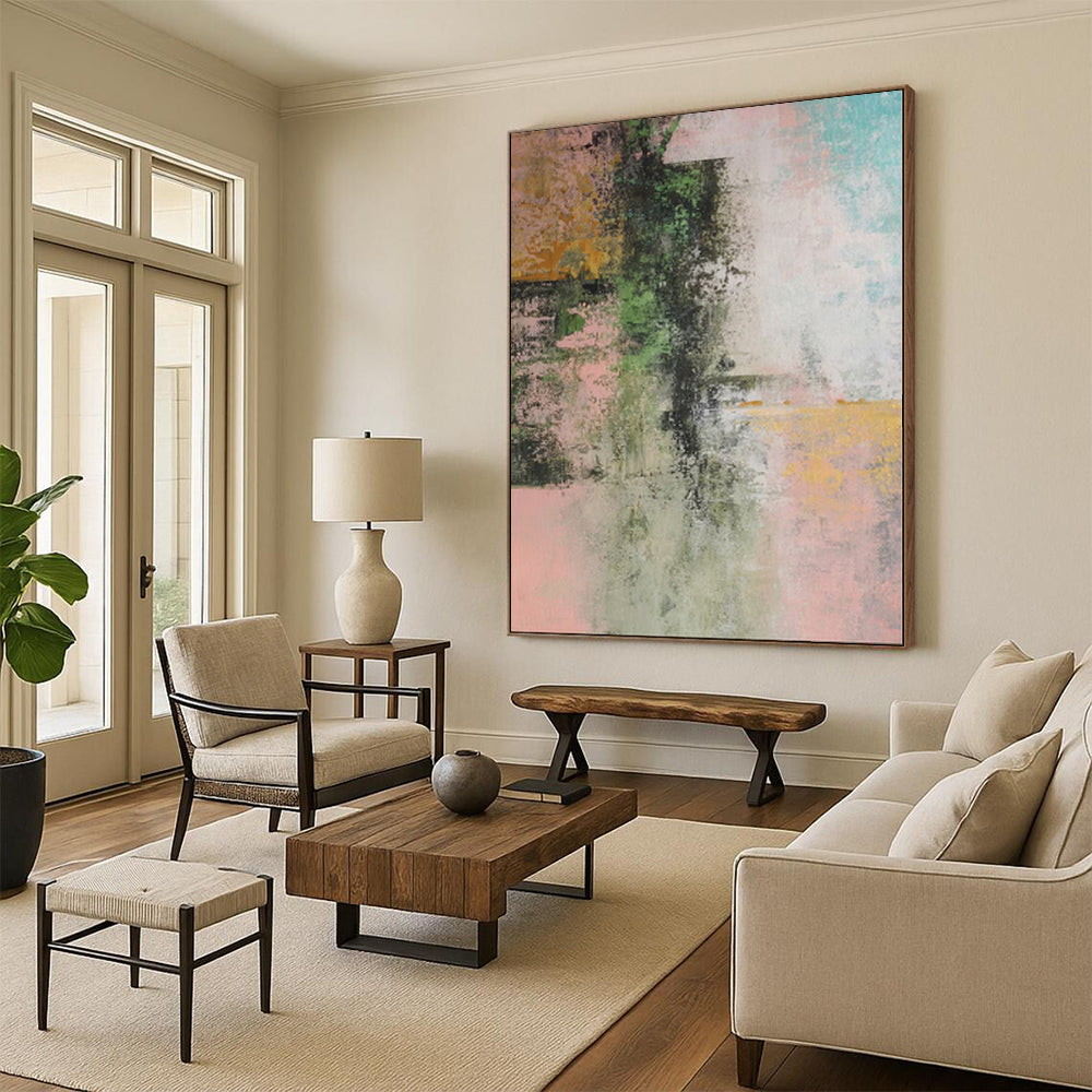 “Pink - Green Abstract Fusion” - Nature - Hued Abstract Painting On Canvas PS0044