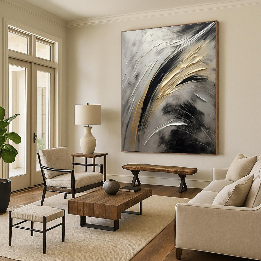 “Silver - Black - Gold Flowing Strokes” Painting On Canvas PS0834