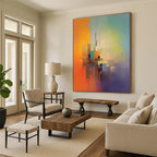 “Color - Blocked Cityscape” - Orange, Green, Blue, Purple Abstract Cityscape Painting On Canvas PS0691