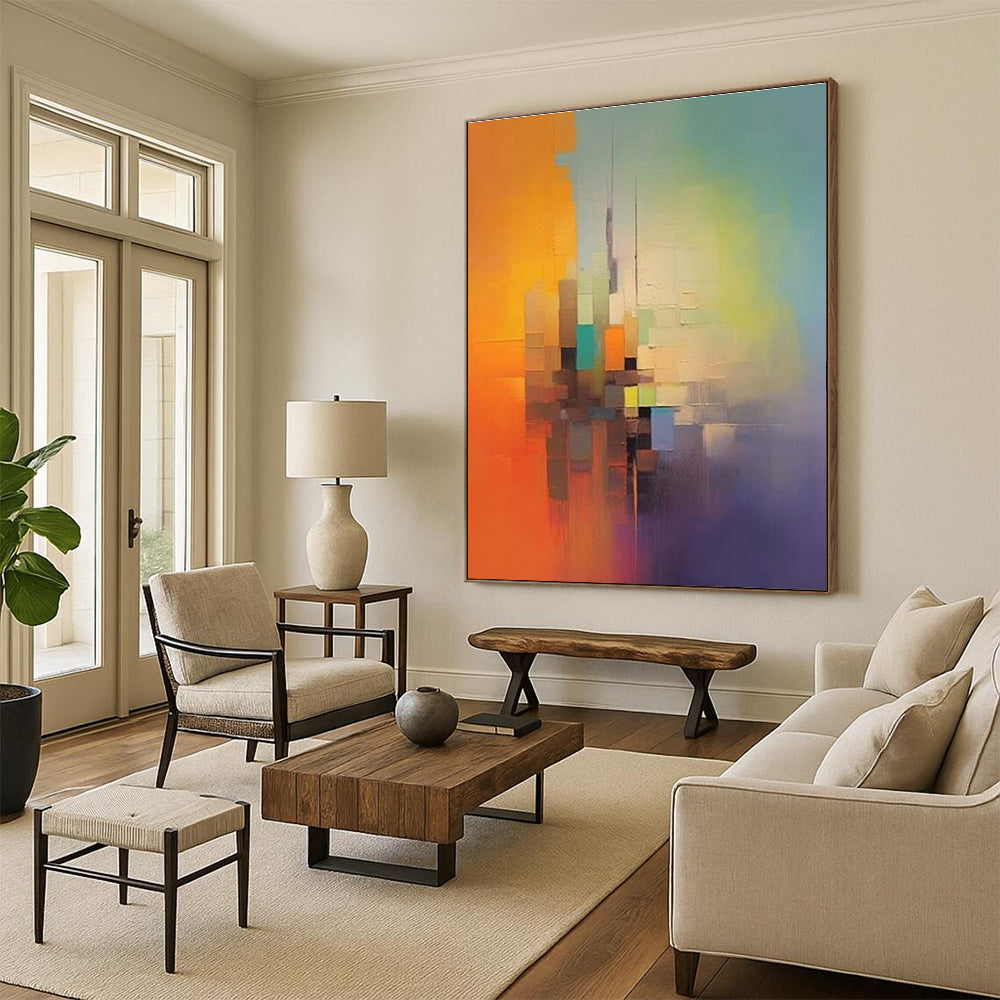 “Color - Blocked Cityscape” - Orange, Green, Blue, Purple Abstract Cityscape Painting On Canvas PS0691