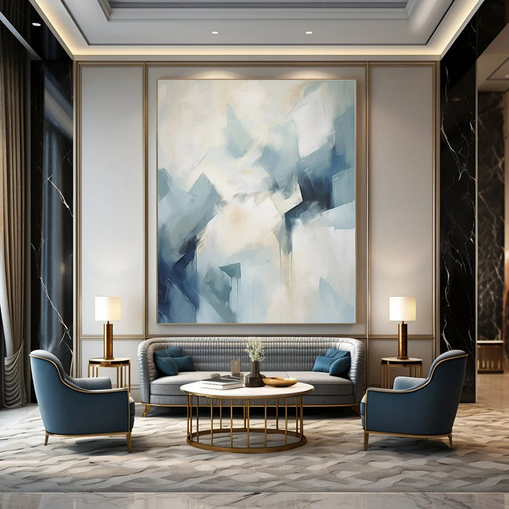 Light Blue, White with Geometric Shapes "Geometric Skies" Abstract Painting On Canvas PS1337