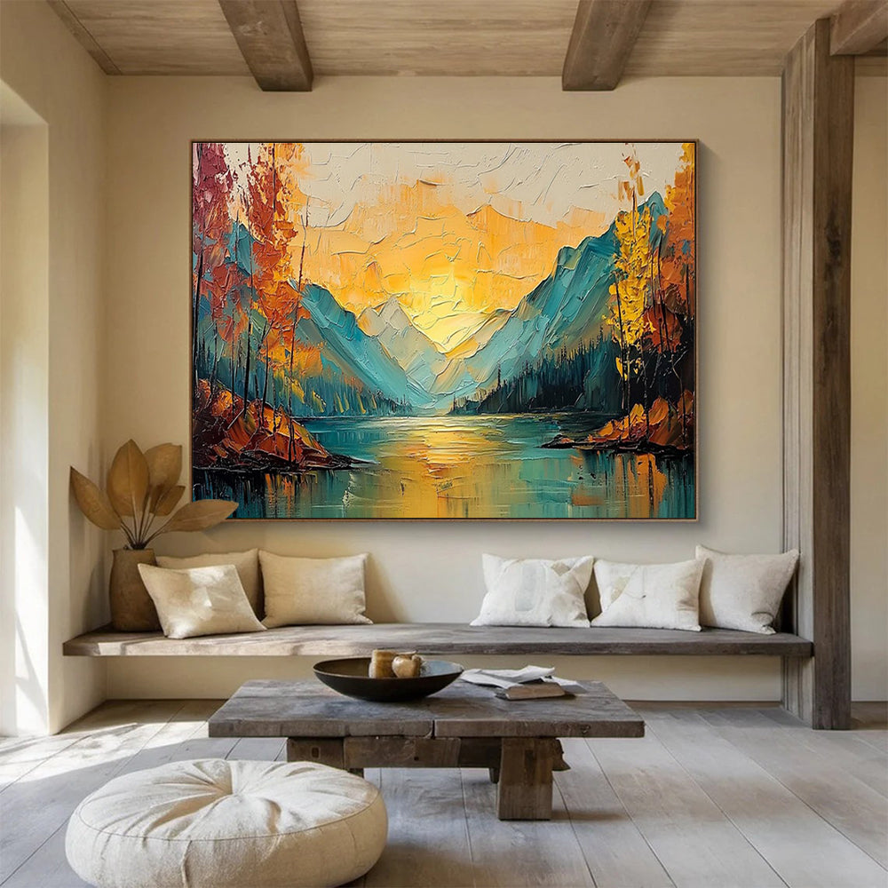 “Sunset - Lit Mountain Lake” - Impasto Oil Painting on Canvas DKS907