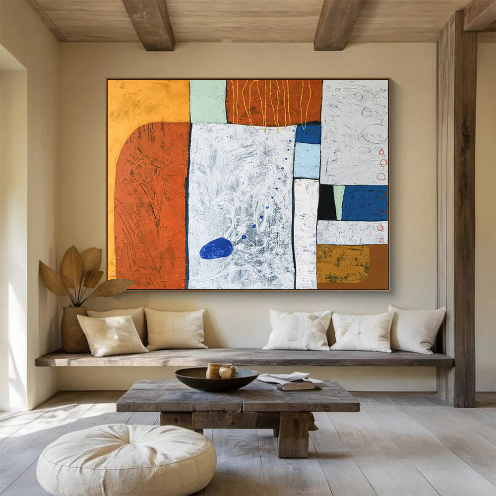 “Textured Color Blocks in Orange, Green, Blue” Mixed Media Abstract Painting On Canvas PT1807