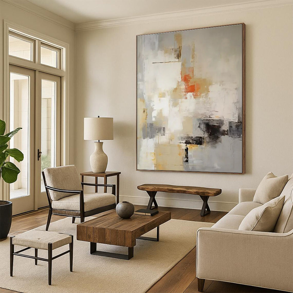 Beige, Gray, Orange & Black Abstract "Sunset Haze" Painting On Canvas PS0870